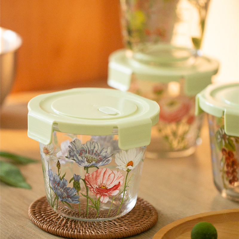 Food Storage Glass Round - Boîte de conservation des aliments, fleurs